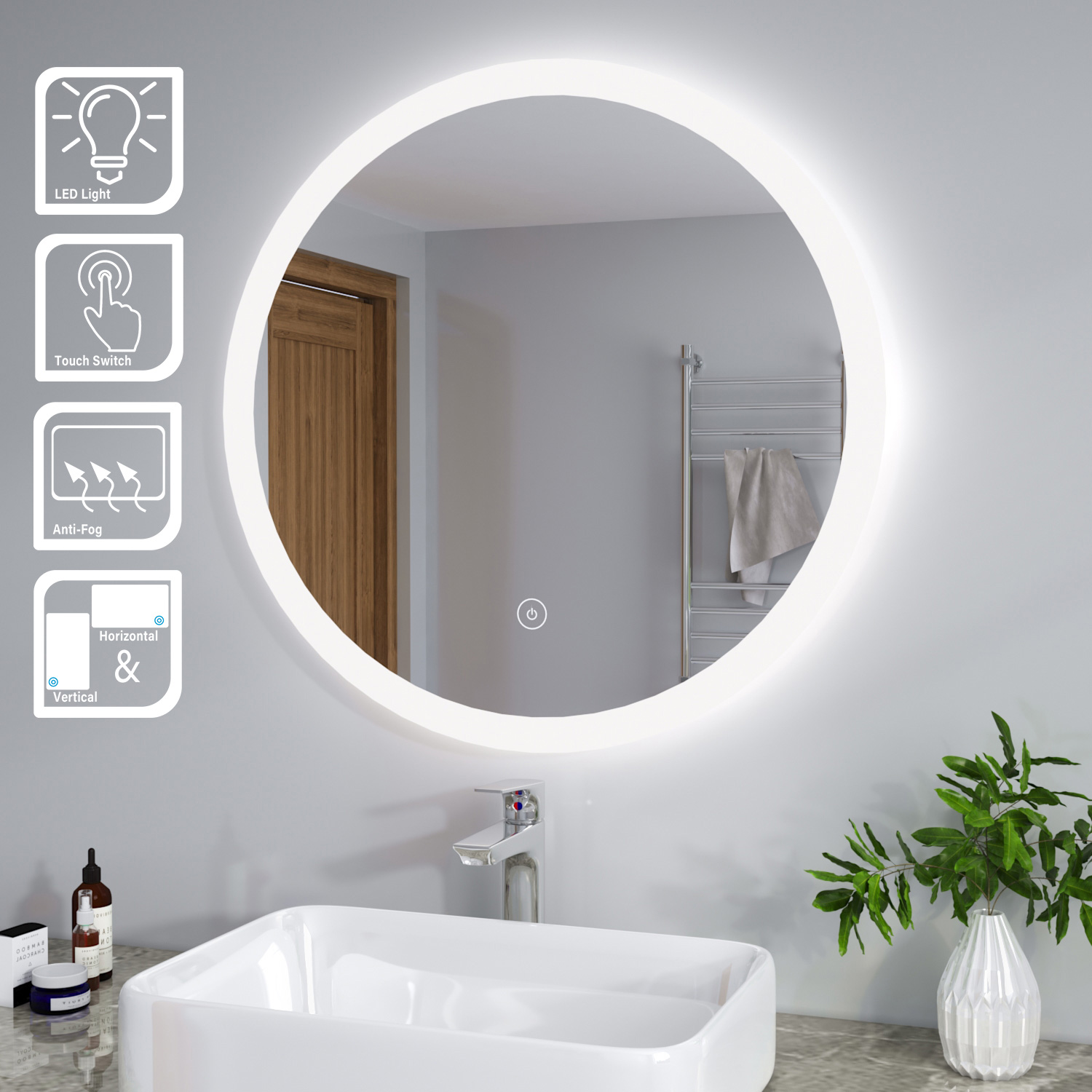 800x800mm Round Led Illuminated Bathroom Mirror Light Smart Touch Anti Fog Ebay 
