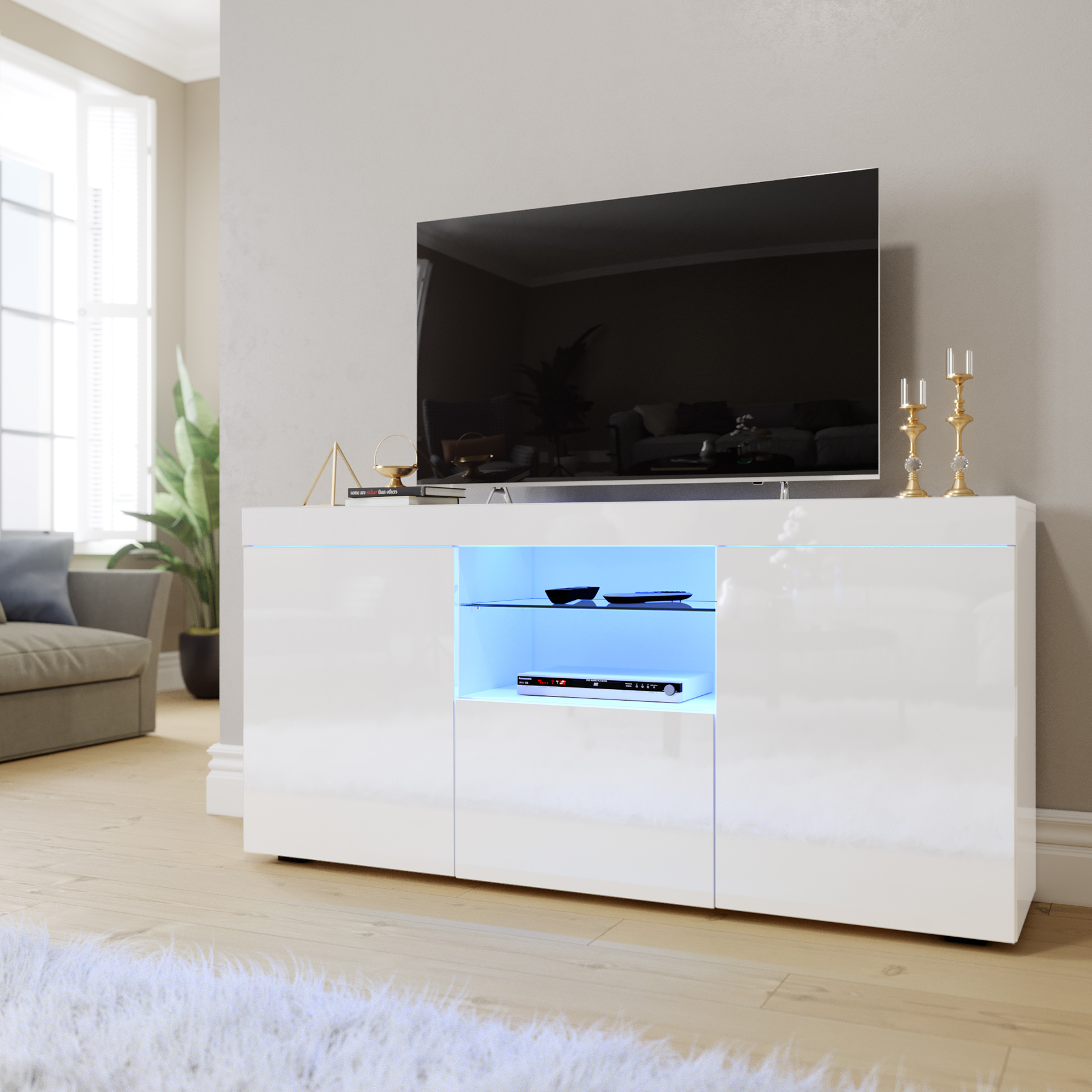 ELEGANT 1350mm TV Stand Unit MFC TV Cabinet High Gloss LED Lights Storage  Furniture Living Room Bedroom TV Stand for 32 40 43 50 55 60 65 inch 4k TV